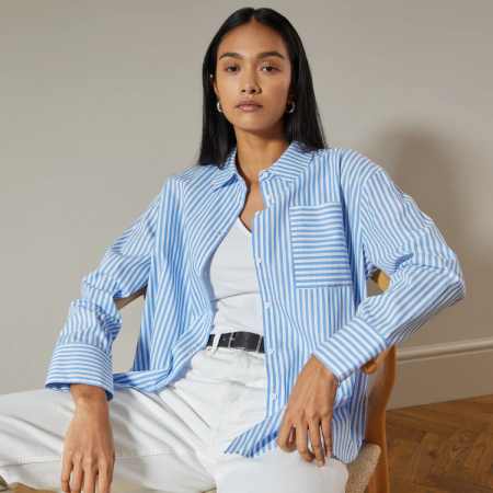 ME+EM Cotton Stripe Dipped Hem Crop Shirt